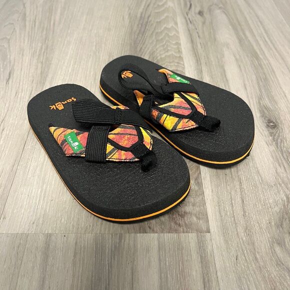 Sanuk Sandals Toddler 7 Black and Orange Slingback Strap Flip Flop - Picture 1 of 5